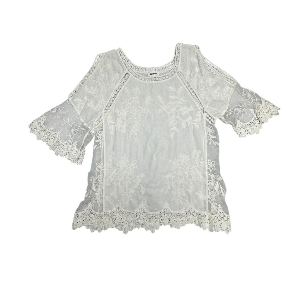 Kindred Blouse‎ Womens Medium White Lace Crochet Floral Cold Shoulder Sheer Top